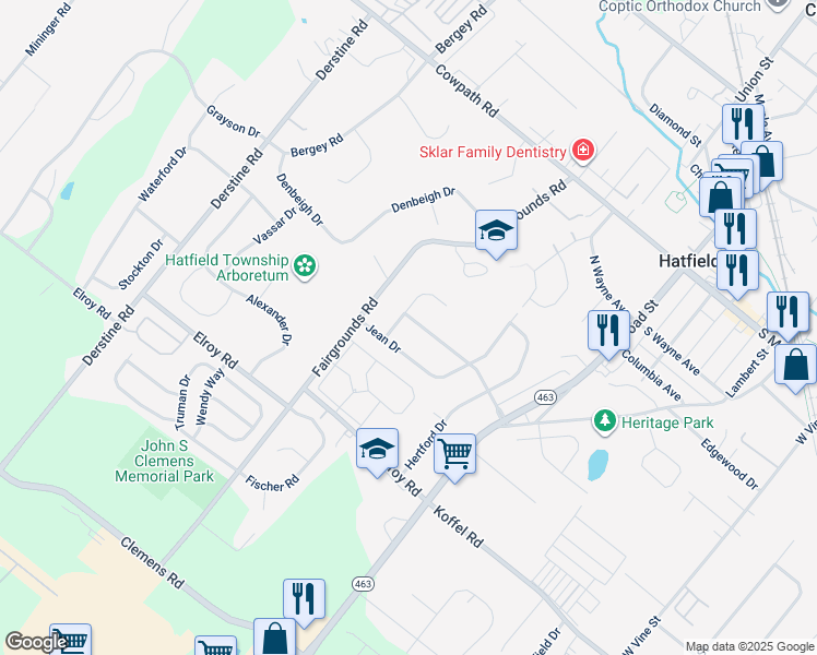 map of restaurants, bars, coffee shops, grocery stores, and more near 2728 Towamencin Avenue in Hatfield