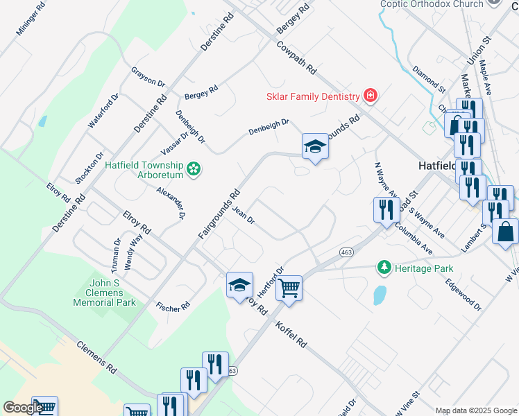 map of restaurants, bars, coffee shops, grocery stores, and more near 2728 Towamencin Avenue in Hatfield
