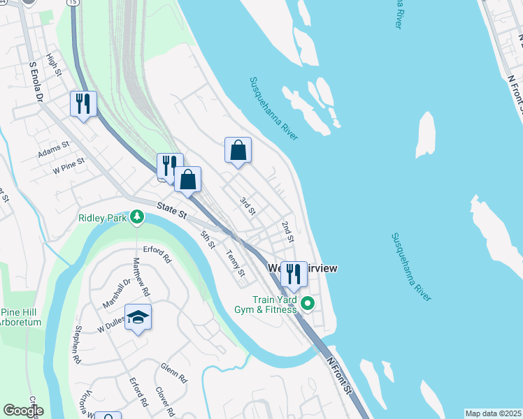 map of restaurants, bars, coffee shops, grocery stores, and more near 423 Oak Street in West Fairview