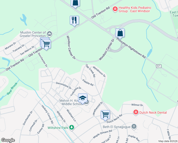 map of restaurants, bars, coffee shops, grocery stores, and more near 21 Spyglass Court in East Windsor