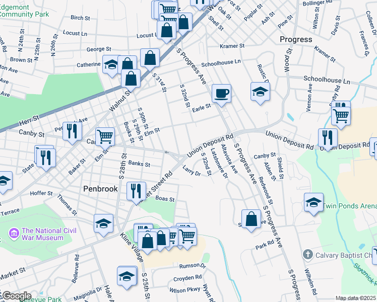 map of restaurants, bars, coffee shops, grocery stores, and more near 315 Stuart Place in Harrisburg