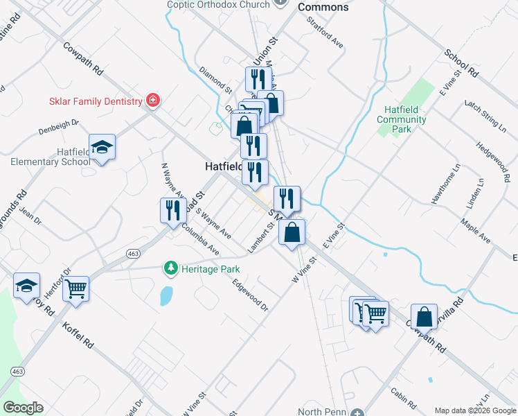 map of restaurants, bars, coffee shops, grocery stores, and more near 204 South Main Street in Hatfield