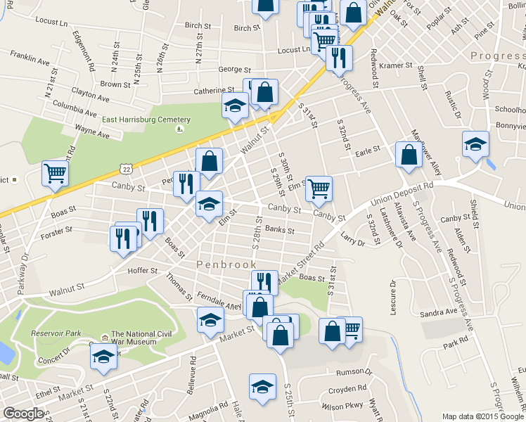 map of restaurants, bars, coffee shops, grocery stores, and more near 2801 Canby Street in Harrisburg