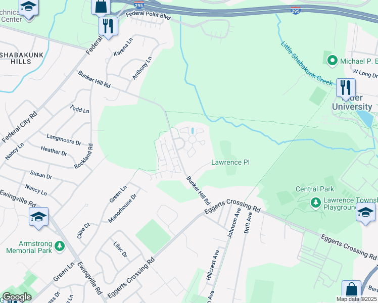 map of restaurants, bars, coffee shops, grocery stores, and more near Fieldcrest Court in Lawrence Township