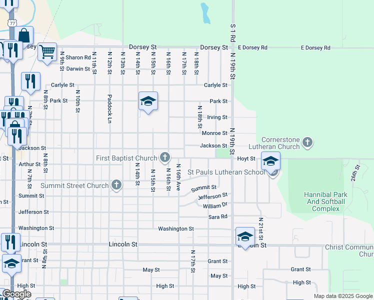 map of restaurants, bars, coffee shops, grocery stores, and more near 1110 North 17th Street in Beatrice