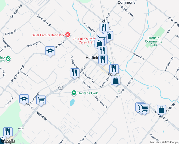 map of restaurants, bars, coffee shops, grocery stores, and more near 55 West Lincoln Avenue in Hatfield