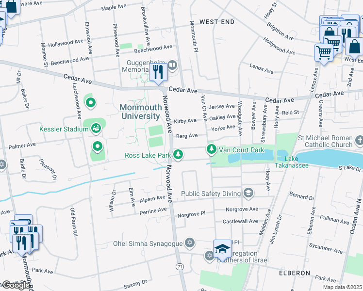 map of restaurants, bars, coffee shops, grocery stores, and more near 19 Clarence Avenue in Long Branch