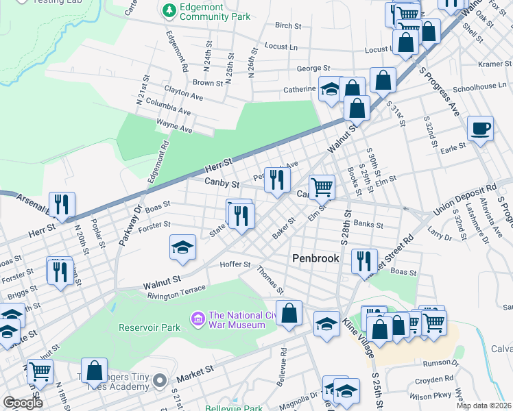 map of restaurants, bars, coffee shops, grocery stores, and more near 2516 Walnut Street in Harrisburg
