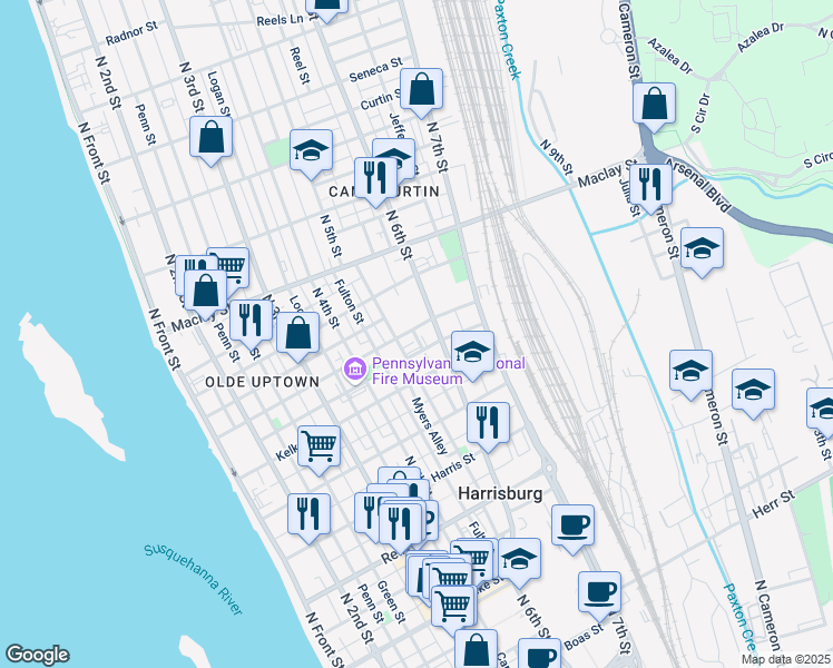 map of restaurants, bars, coffee shops, grocery stores, and more near 515 Muench Street in Harrisburg