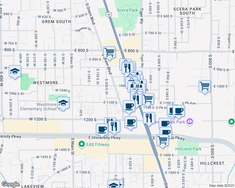 map of restaurants, bars, coffee shops, grocery stores, and more near 1045 Orem Boulevard in Orem