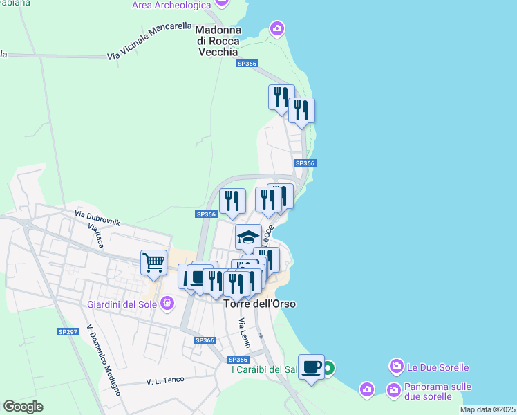 map of restaurants, bars, coffee shops, grocery stores, and more near 53 Via Giacomo Brodolini in Torre Dell'orso