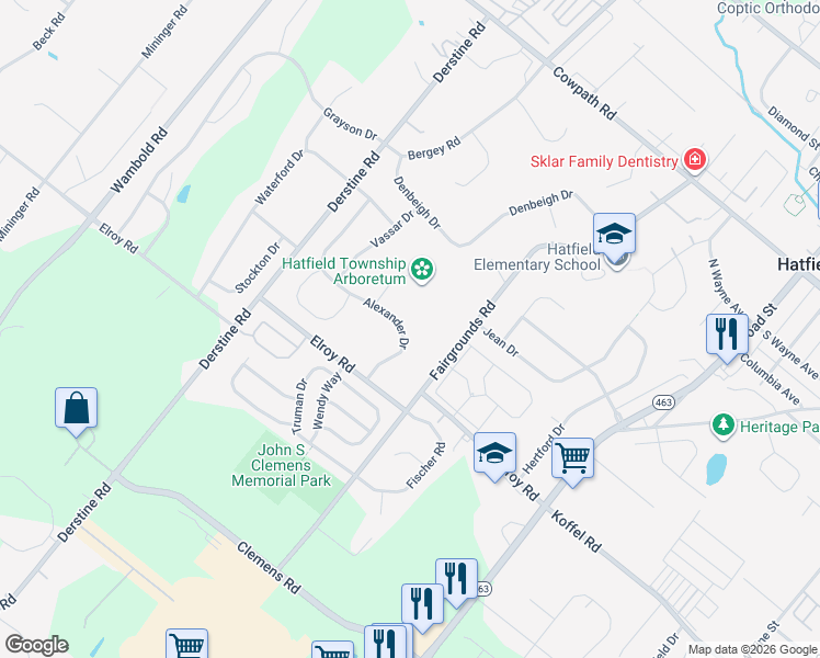map of restaurants, bars, coffee shops, grocery stores, and more near 1213 Alexander Drive in Hatfield