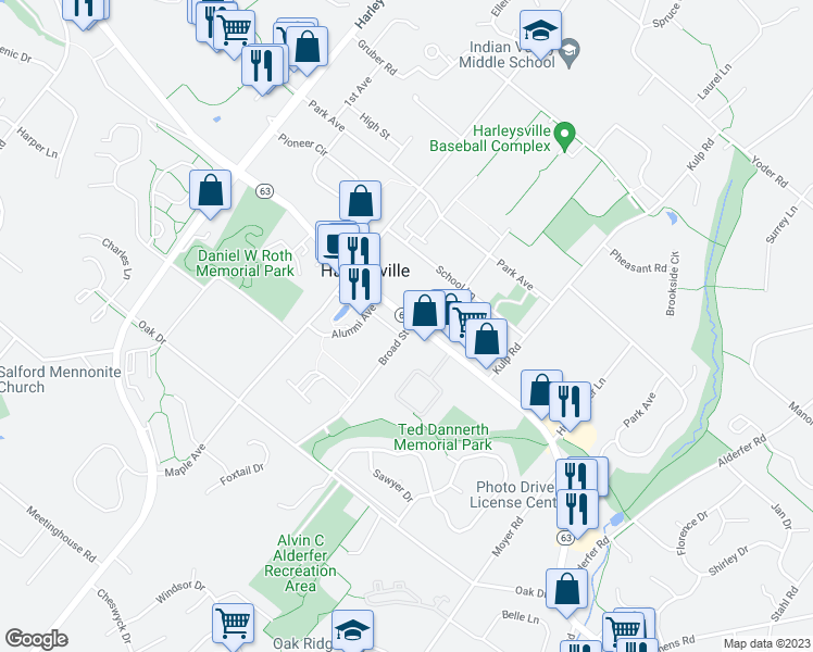 map of restaurants, bars, coffee shops, grocery stores, and more near 305 Broad Street in Harleysville