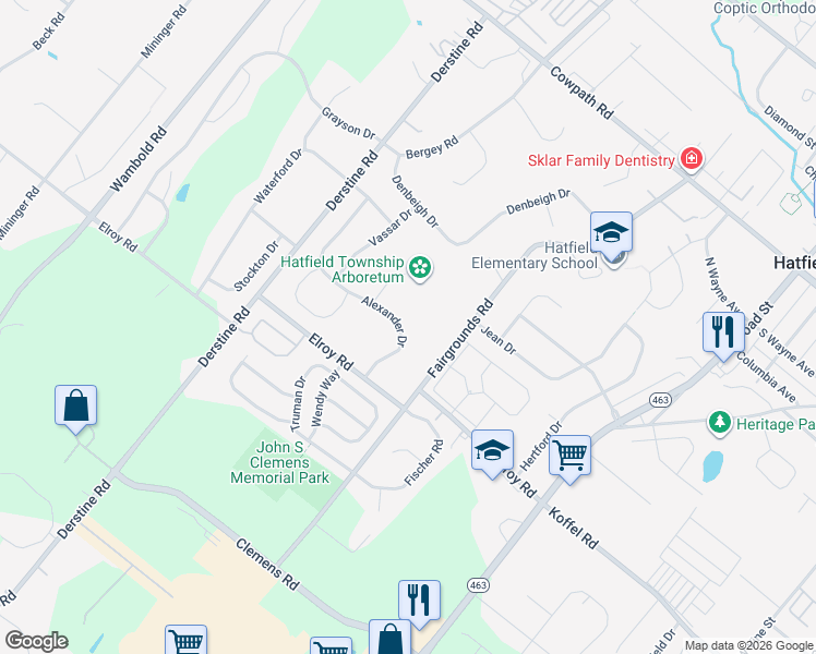 map of restaurants, bars, coffee shops, grocery stores, and more near 1213 Alexander Dr in Hatfield