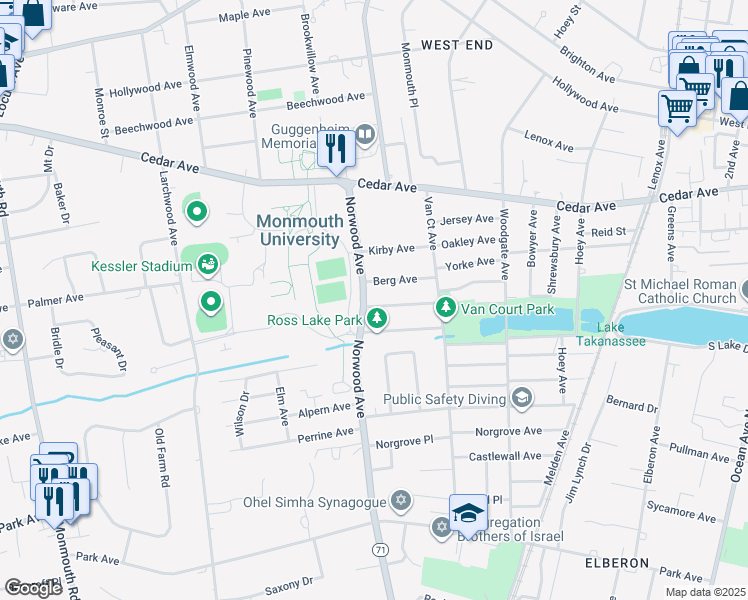 map of restaurants, bars, coffee shops, grocery stores, and more near 401 Clarence Avenue in Long Branch