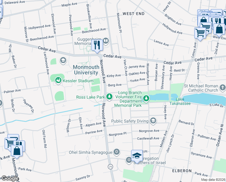 map of restaurants, bars, coffee shops, grocery stores, and more near 13 Clarence Avenue in Long Branch