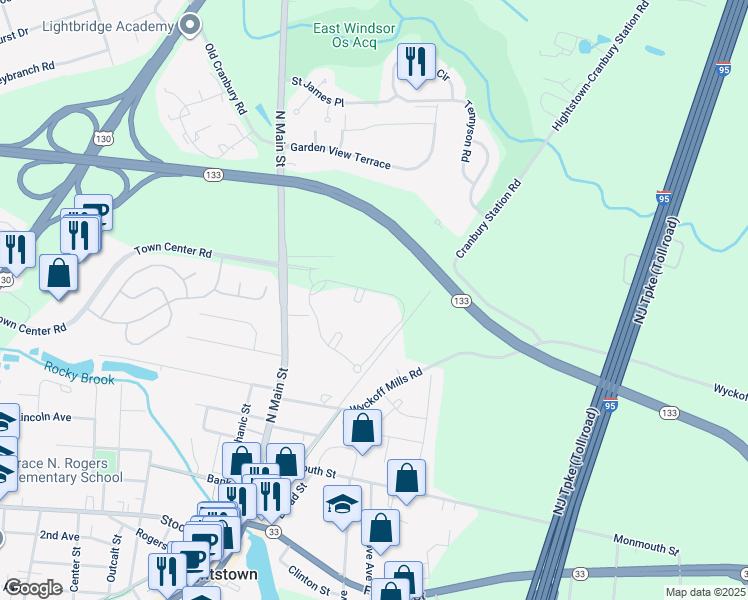 map of restaurants, bars, coffee shops, grocery stores, and more near 32 Powell Court in Hightstown