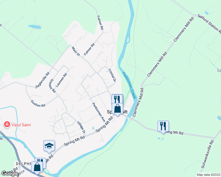 map of restaurants, bars, coffee shops, grocery stores, and more near 93 Crystal Drive in Schwenksville