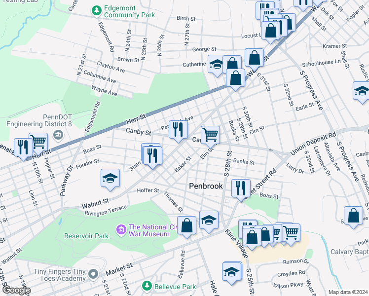 map of restaurants, bars, coffee shops, grocery stores, and more near 2551 Walnut Street in Harrisburg