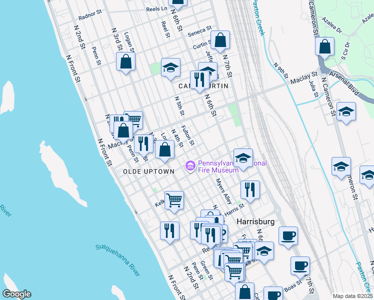 map of restaurants, bars, coffee shops, grocery stores, and more near 343 Peffer Street in Harrisburg