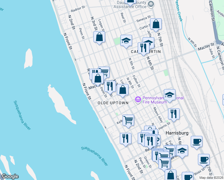 map of restaurants, bars, coffee shops, grocery stores, and more near 2024 Susquehanna Street in Harrisburg