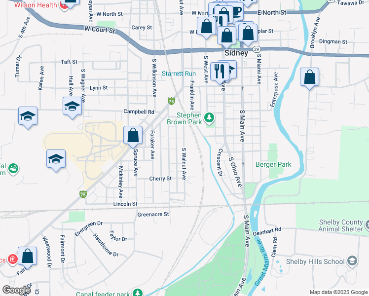 map of restaurants, bars, coffee shops, grocery stores, and more near 721 South Walnut Avenue in Sidney