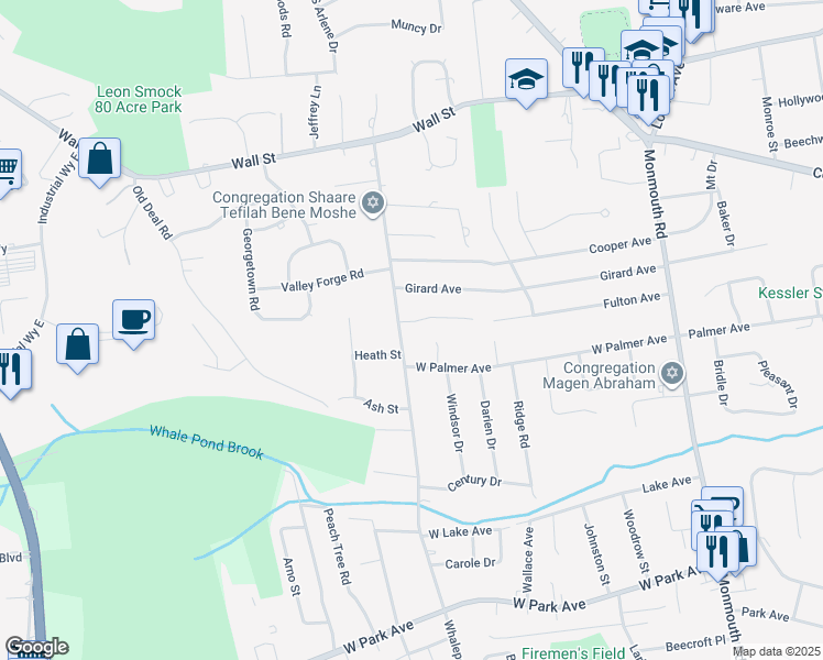 map of restaurants, bars, coffee shops, grocery stores, and more near 78 Whalepond Road in West Long Branch