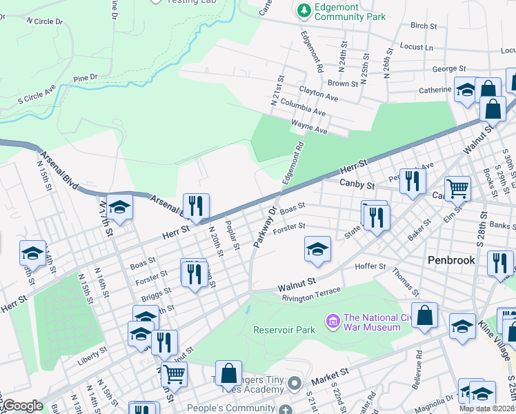 map of restaurants, bars, coffee shops, grocery stores, and more near 2125 Herr Street in Harrisburg