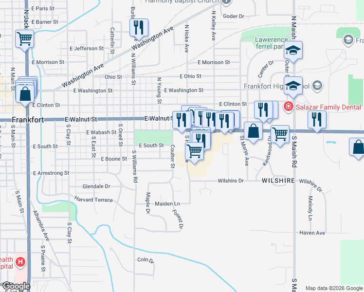 map of restaurants, bars, coffee shops, grocery stores, and more near 359-399 Coulter Street in Frankfort