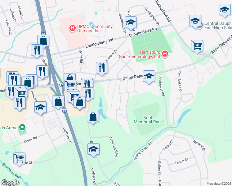 map of restaurants, bars, coffee shops, grocery stores, and more near 1087 Acri Drive in Harrisburg