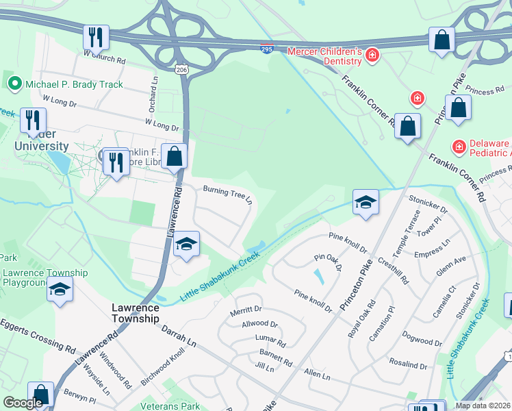 map of restaurants, bars, coffee shops, grocery stores, and more near 24 Burning Tree Lane in Lawrence Township