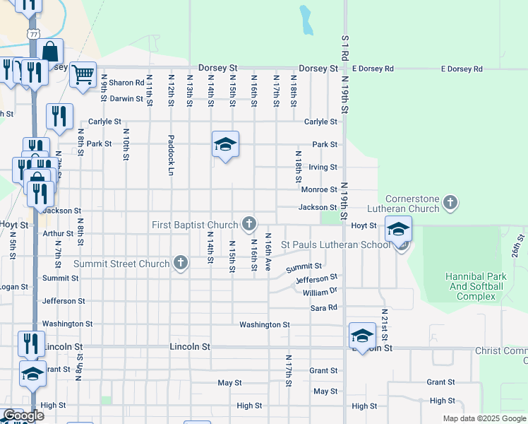 map of restaurants, bars, coffee shops, grocery stores, and more near 1110 North 17th Street in Beatrice