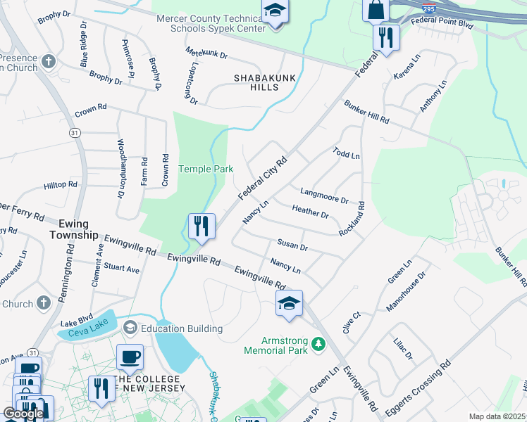 map of restaurants, bars, coffee shops, grocery stores, and more near 104 Nancy Lane in Ewing Township