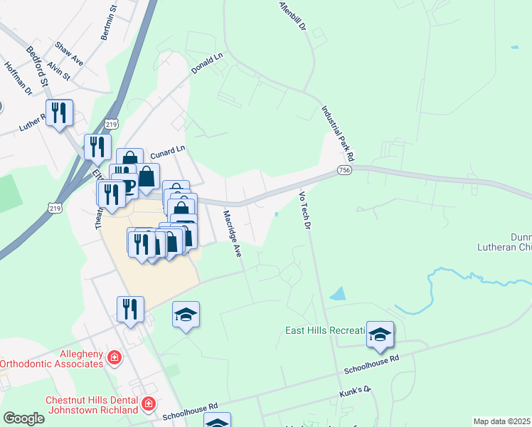 map of restaurants, bars, coffee shops, grocery stores, and more near 3324 Elton Road in Johnstown