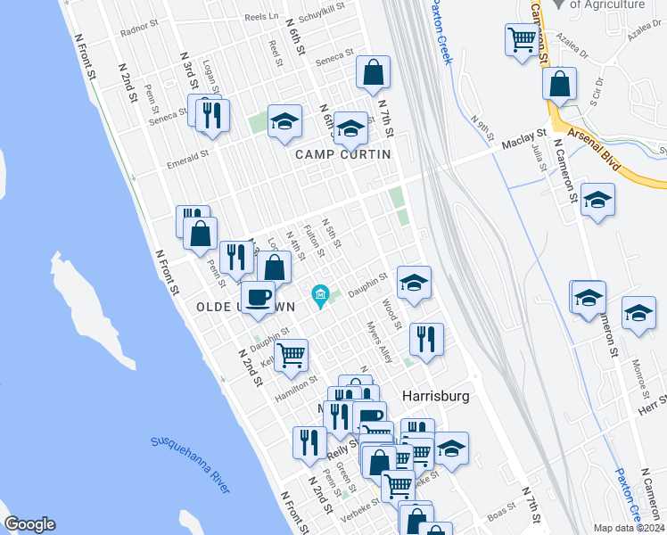 map of restaurants, bars, coffee shops, grocery stores, and more near 1915 Fulton Street in Harrisburg