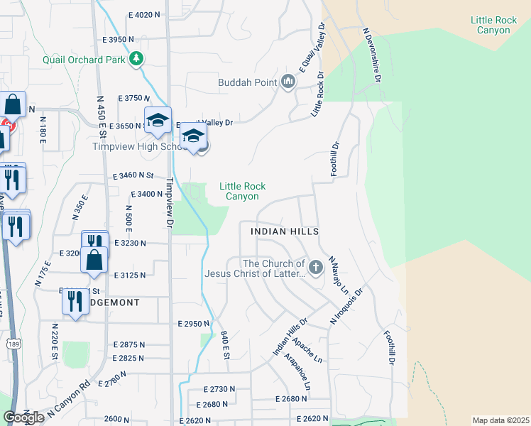 map of restaurants, bars, coffee shops, grocery stores, and more near 3298 Cherokee Lane in Provo