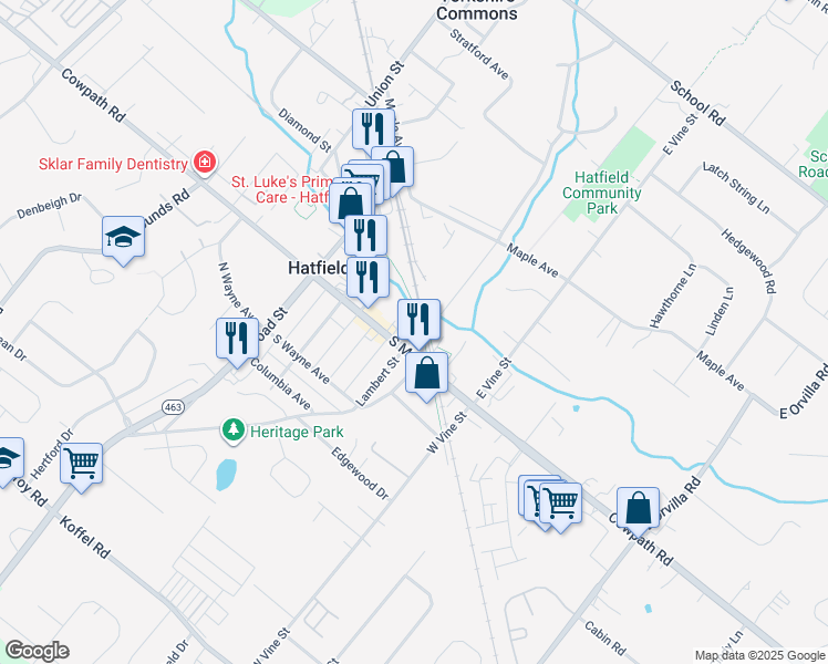 map of restaurants, bars, coffee shops, grocery stores, and more near 23 East Lambert Street in Hatfield