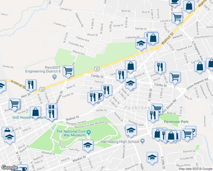 map of restaurants, bars, coffee shops, grocery stores, and more near 2400 Boas Street in Harrisburg