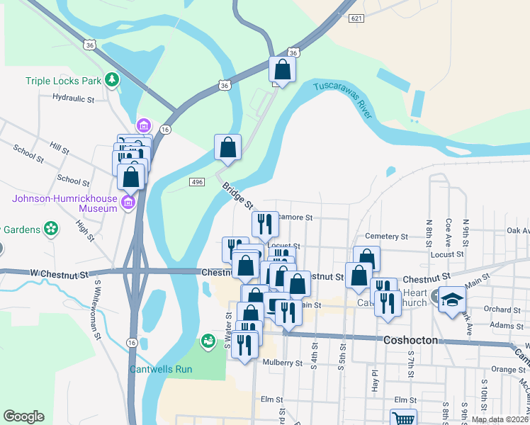 map of restaurants, bars, coffee shops, grocery stores, and more near 404 North 2nd Street in Coshocton
