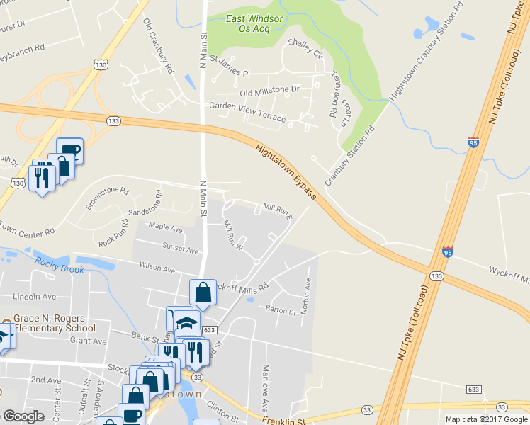 map of restaurants, bars, coffee shops, grocery stores, and more near 26 Powell Court in Hightstown