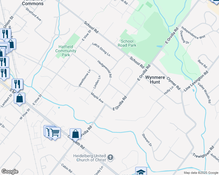 map of restaurants, bars, coffee shops, grocery stores, and more near 2243 Hedgewood Road in Hatfield
