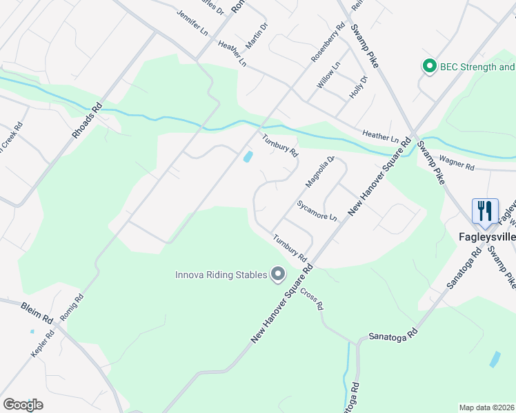 map of restaurants, bars, coffee shops, grocery stores, and more near 2329 Casmar Way in Gilbertsville