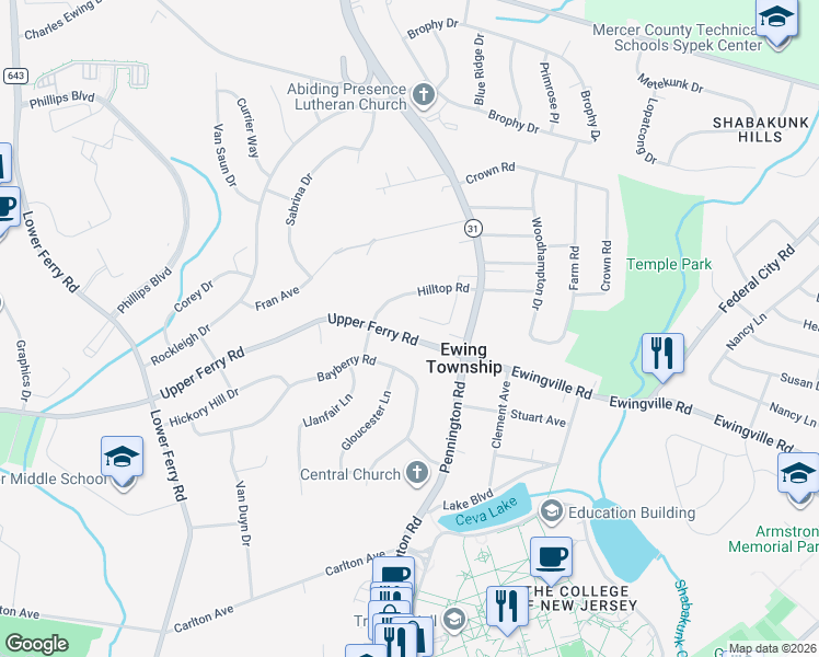 map of restaurants, bars, coffee shops, grocery stores, and more near 24 Upper Ferry Road in Ewing Township