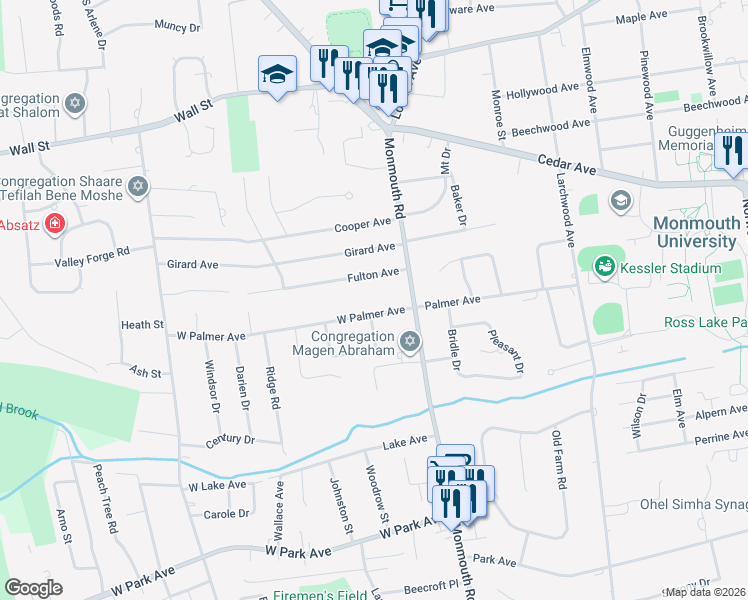 map of restaurants, bars, coffee shops, grocery stores, and more near 101 West Palmer Avenue in West Long Branch