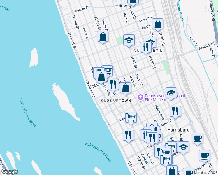 map of restaurants, bars, coffee shops, grocery stores, and more near 2034 Green Street in Harrisburg