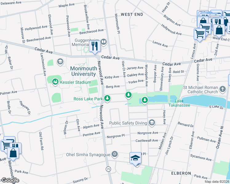 map of restaurants, bars, coffee shops, grocery stores, and more near 13 Clarence Avenue in Long Branch