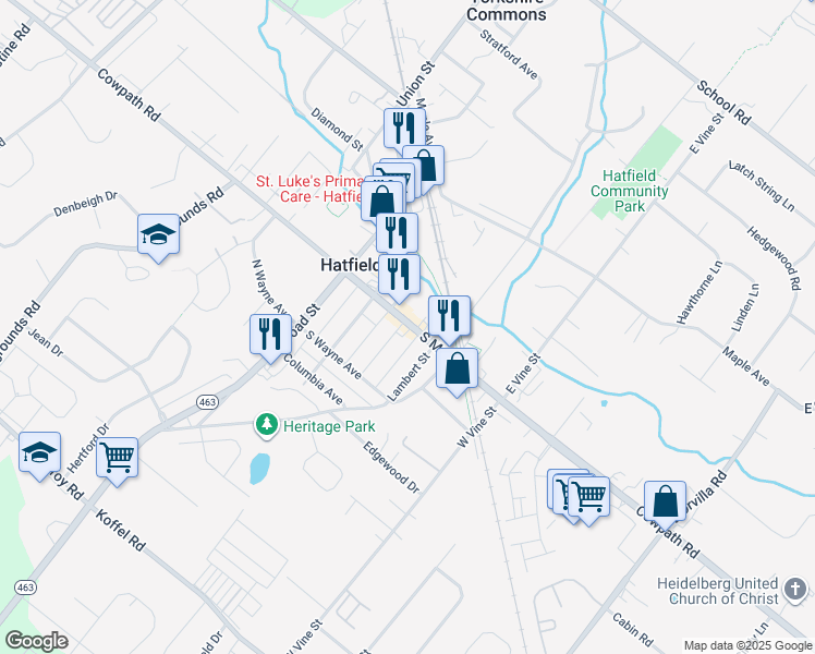 map of restaurants, bars, coffee shops, grocery stores, and more near 204 South Main Street in Hatfield