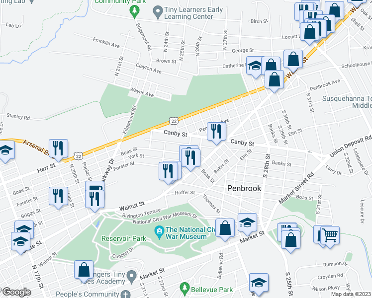 map of restaurants, bars, coffee shops, grocery stores, and more near 2346 Boas Street in Harrisburg