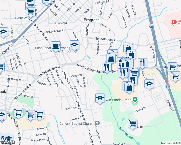 map of restaurants, bars, coffee shops, grocery stores, and more near 3513 Union Deposit Road in Harrisburg