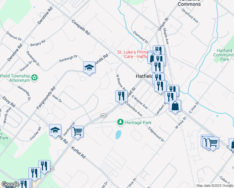 map of restaurants, bars, coffee shops, grocery stores, and more near 44 June Drive in Hatfield